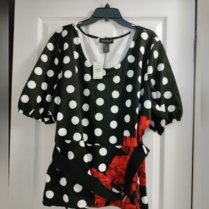 Ashely Stewart's Plue Size 30/32W Belted Floral Polka Dot Peplum Top